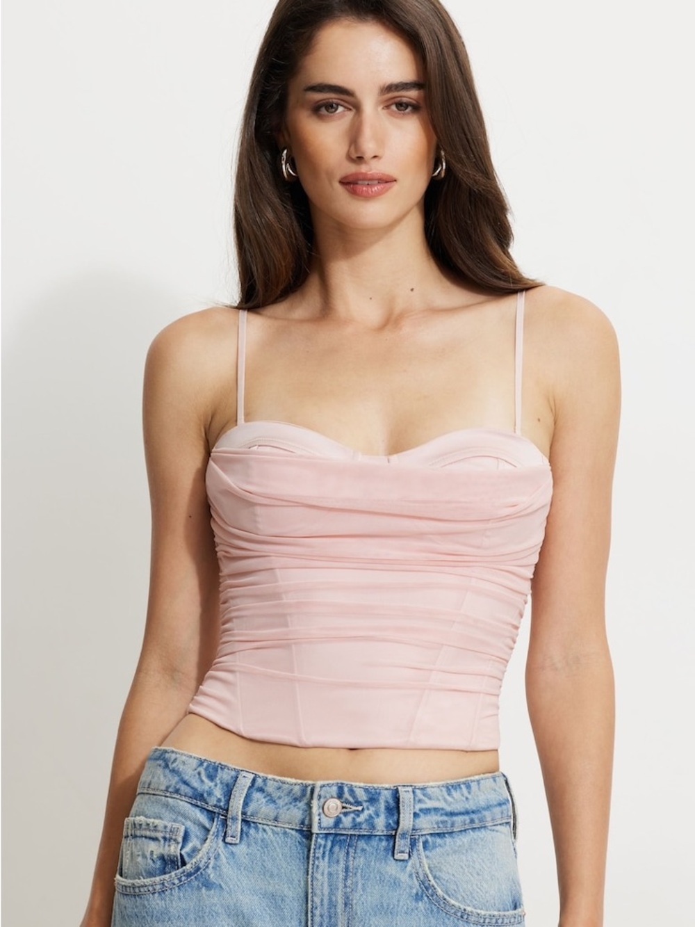 Dynamite Baby Pink Draped Mesh Bustier Crop Top